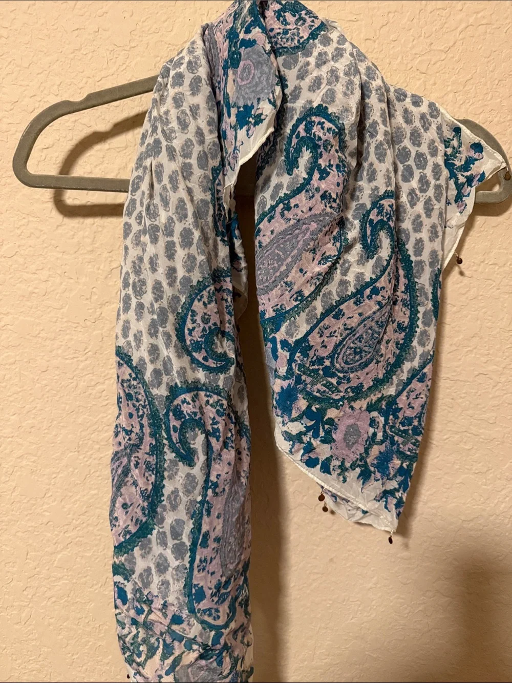 Lucky Brand Cream Paisley Border Scarf with Teal and Pink Accents